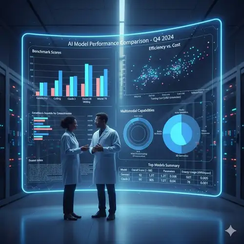 Two scientists, a woman and a man, both wearing white lab coats, stand facing each other in front of a large, transparent, glowing blue screen displaying an "AI Model Performance Comparison - Q4 2024" dashboard. The dashboard features various charts and graphs including "Benchmark Scores," "Efficiency vs. Cost," "Multimodal Capabilities" (shown as a radar and pie chart), and a "Top Models Summary" table. The background shows rows of glowing server racks in what appears to be a data center.