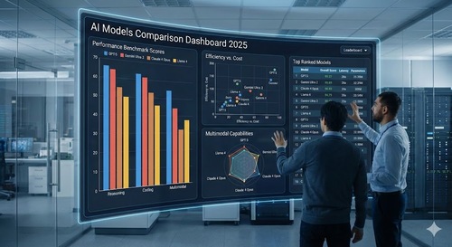 Two men, one in a dark sweater and the other in a light blue shirt, interact with a large, transparent, curved screen displaying an "AI Models Comparison Dashboard 2025" in a modern office or data center setting. The dashboard features several charts and graphs, including a bar chart for "Performance Benchmark Scores" comparing GPT-5, Gemini Ultra 2, Claude 4 Opus, and Llama 4 across Reasoning, Coding, and Multimodal categories. Another scatter plot shows "Efficiency vs. Cost," and a radar chart illustrates "Multimodal Capabilities." A table lists "Top Ranked Models" with overall scores, latency, and parameters. The men are gesturing towards and touching the interactive display, suggesting they are analyzing or presenting the data.