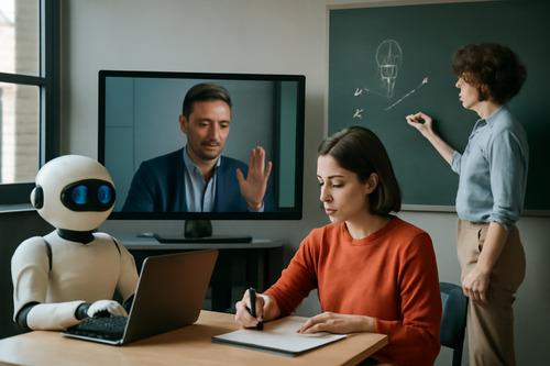 A modern office scene with a humanoid robot, two employees engaged in a learning session, and a video call with an instructor.