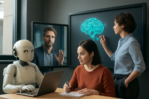 A humanoid robot assists employees during a high-tech training session, with a video instructor and digital content displayed in a modern office.