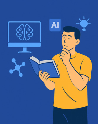 A young man in a yellow T-shirt studying artificial intelligence, holding a book and contemplating a glowing brain on a monitor, surrounded by AI icons.