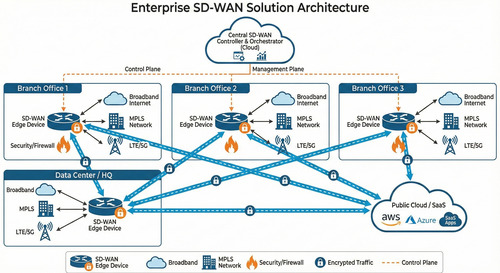 A high-resolution network diagram illustrating an Enterprise SD-WAN solution. The image depicts multiple branch offices and a central data center connected via hybrid WAN links (Broadband, MPLS, and LTE/5G). Dotted lines show control plane connections to a central Cloud Controller/Orchestrator, while solid blue lines represent secure, encrypted data traffic flowing between sites and to Public Cloud/SaaS destinations. Security is visualized with firewall flame icons and padlock symbols at each edge device.