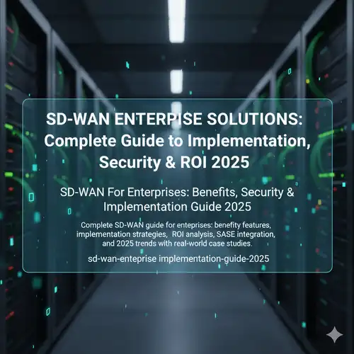 A digital display with text related to "SD-WAN Enterprise Solutions" is superimposed over a blurred background of glowing server racks in a data center. The main title reads "SD-WAN ENTERPRISE SOLUTIONS: Complete Guide to Implementation, Security & ROI 2025." Below that, the SEO title is "SD-WAN For Enterprises: Benefits, Security & Implementation Guide 2025," followed by the meta description and URL slug. The overall impression is technical and informative, set against a backdrop of modern network infrastructure.