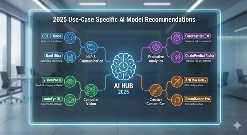 A detailed infographic titled "2025 Use-Case Specific AI Model Recommendations." It shows a central "AI HUB 2025" connected to four main categories: NLP & Communication, Computer Vision, Predictive Analytics, and Creative Content Gen. Each category branches out to specific AI models and their applications. For NLP & Communication, there's "GPT-5 Turbo" for real-time translation and "Bard Ultra" for nuanced summaries. Computer Vision includes "VisionPro X" for medical imaging analysis and "AutoEye XL" for autonomous commuter analysis. Predictive Analytics features "ForecastNet 3.0" and "ChainPredict Alpha," both for financial risk assessment. Creative Content Gen showcases "ArtFlow Gen 2" and "SoundScape Pro," both for 3D asset creation. The infographic is displayed on a translucent screen in a modern office environment.