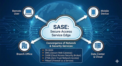 A conceptual diagram of the SASE architecture. It shows various "edges" (remote users, branch offices, mobile devices) connecting to a central cloud-based security layer containing icons for SD-WAN, ZTNA, CASB, and FWaaS, which then securely routes traffic to applications and data centers.