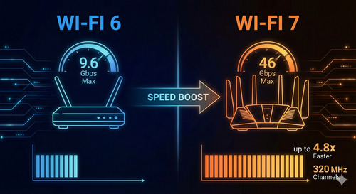 A split-screen infographic comparing Wi-Fi 6 and Wi-Fi 7 speeds. The left side (blue) shows a Wi-Fi 6 router peaking at 9.6 Gbps, while the right side (orange) shows a Wi-Fi 7 router reaching 46 Gbps, highlighting a 4.8x speed increase.